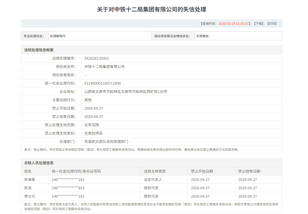 中铁十二局集团有限公司被禁止参与全军采购活动3年