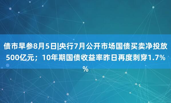 债市早参8月5日|央行7月公开市场国债买卖净投放500亿元；10年期国债收益率昨日再度刺穿1.7%
